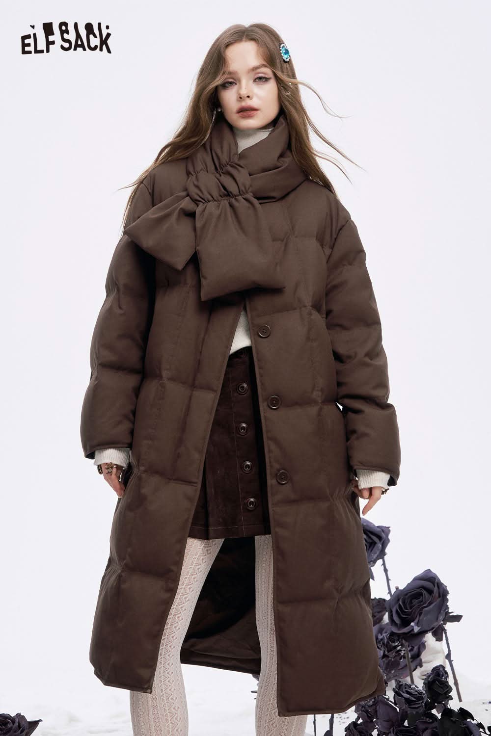 ELFSACK women's long down jacket with scarf, featuring a cozy oversized fit and stylish bow detail