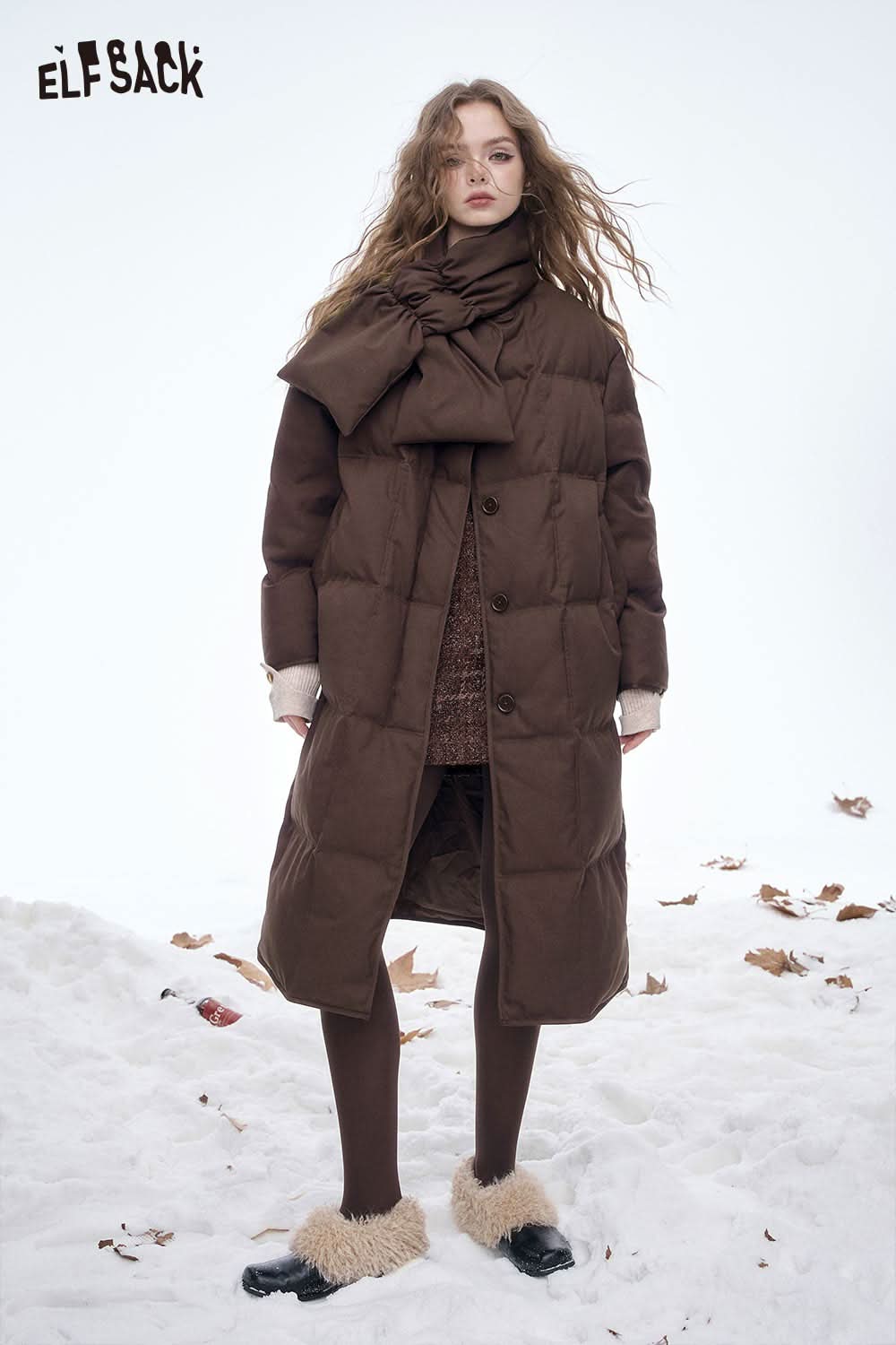 ELFSACK women's long down jacket with scarf in brown, perfect for winter warmth and style.