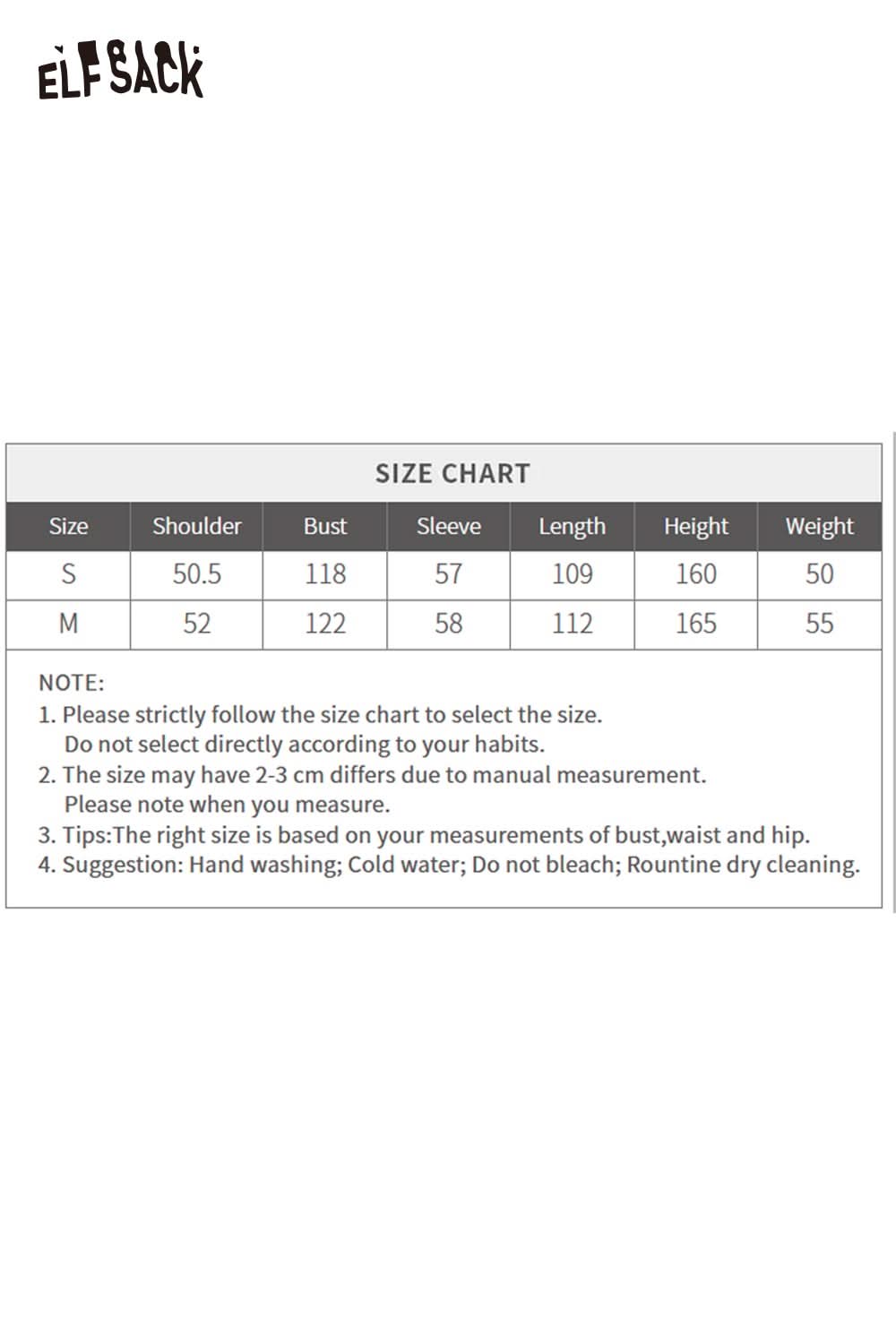 Size chart for women's long down jacket with scarf by ELFSACK with measurements for S and M sizes