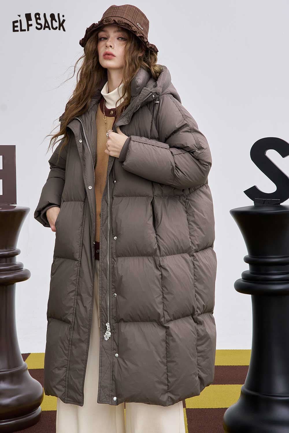 ELFSACK women's long hooded down jacket in brown with a stylish quilted design for winter warmth