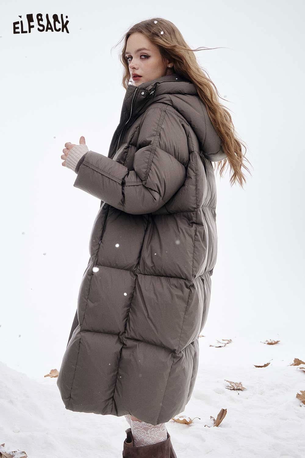 ELFSACK women's long hooded down jacket in olive green, perfect for winter warmth and style