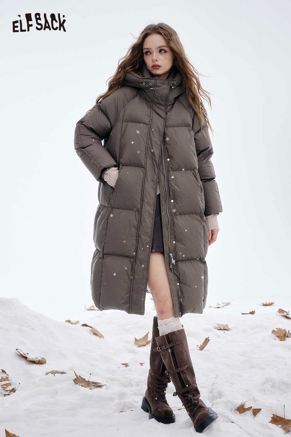 ELFSACK women's long hooded down jacket in olive green with a stylish puffer design for winter warmth