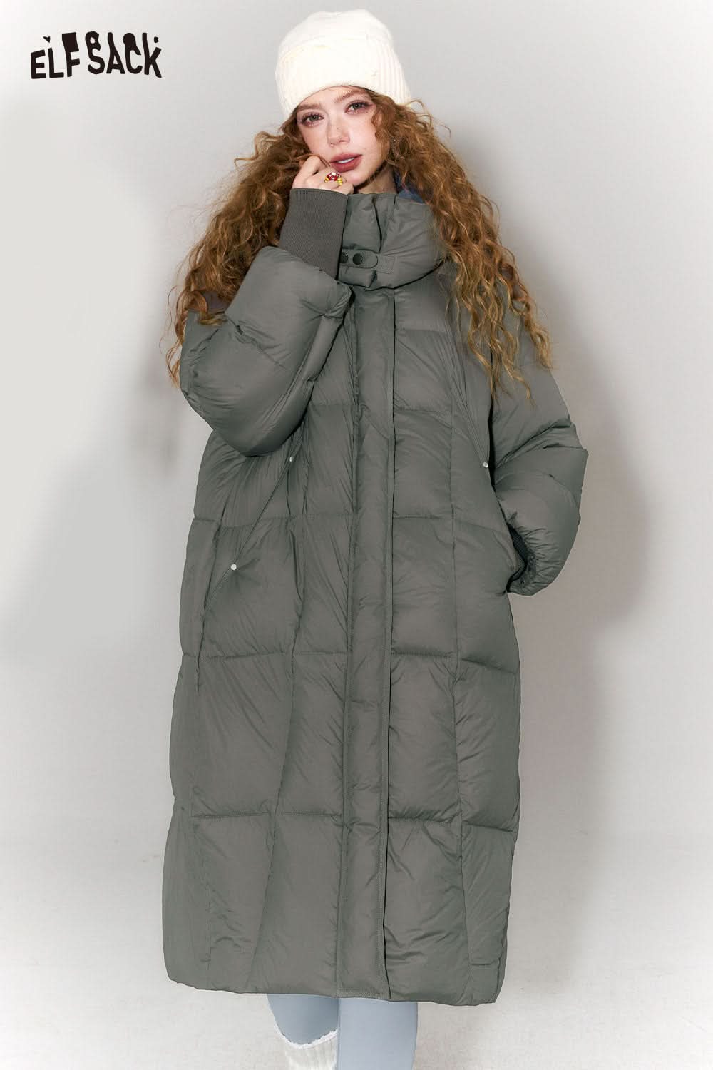 ELFSACK women's long puffer coat with hood in dark green for warmth and style in cold weather