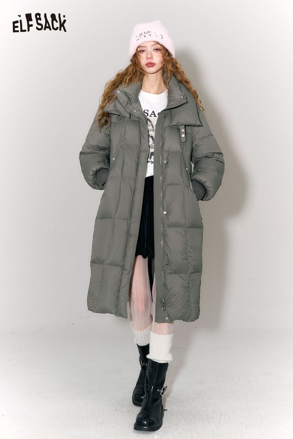 ELFSACK women's long puffer coat with hood in gray, featuring a stylish oversized design and warmth for winter