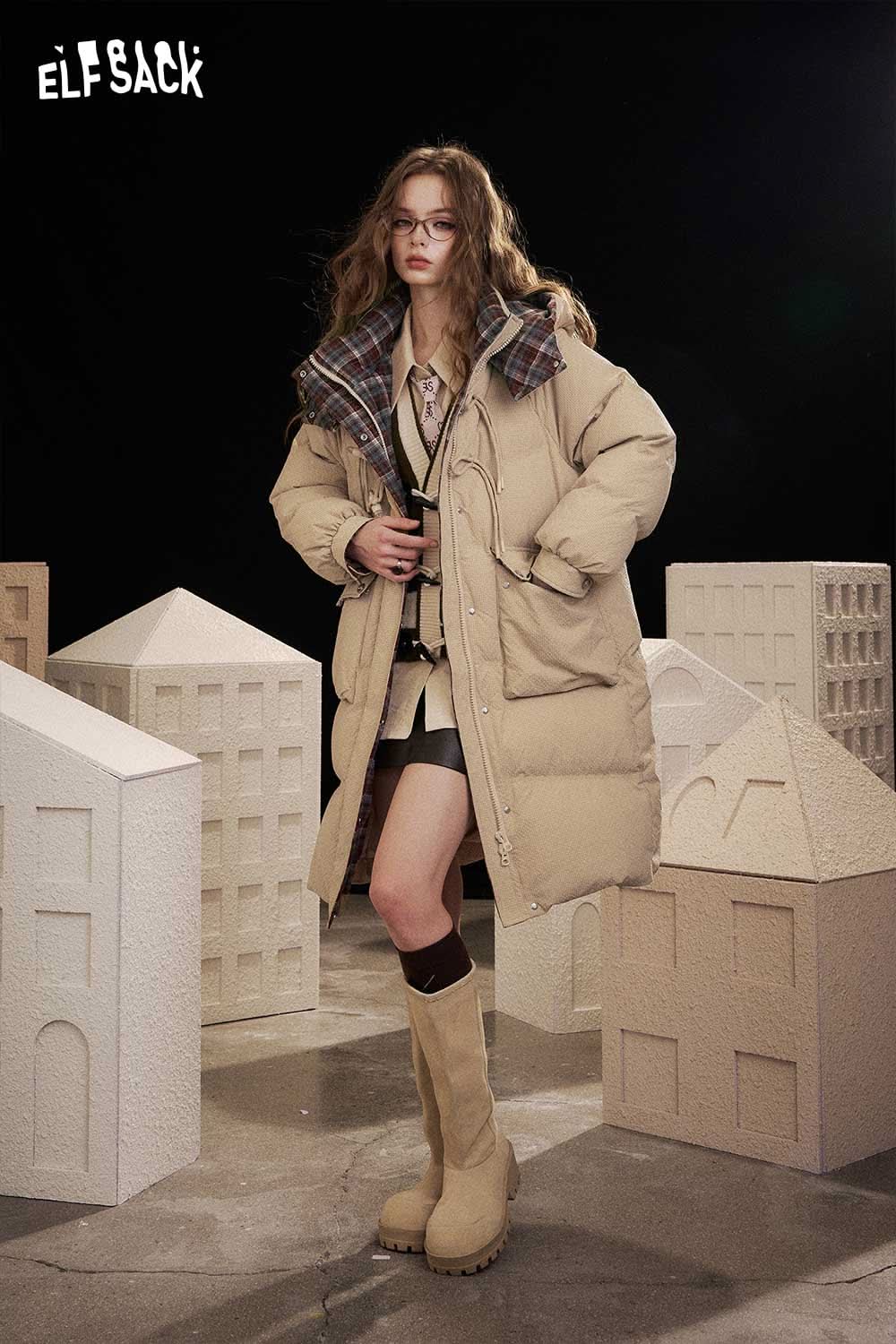 ELFSACK women's long toggle button jacket in beige with a stylish plaid collar