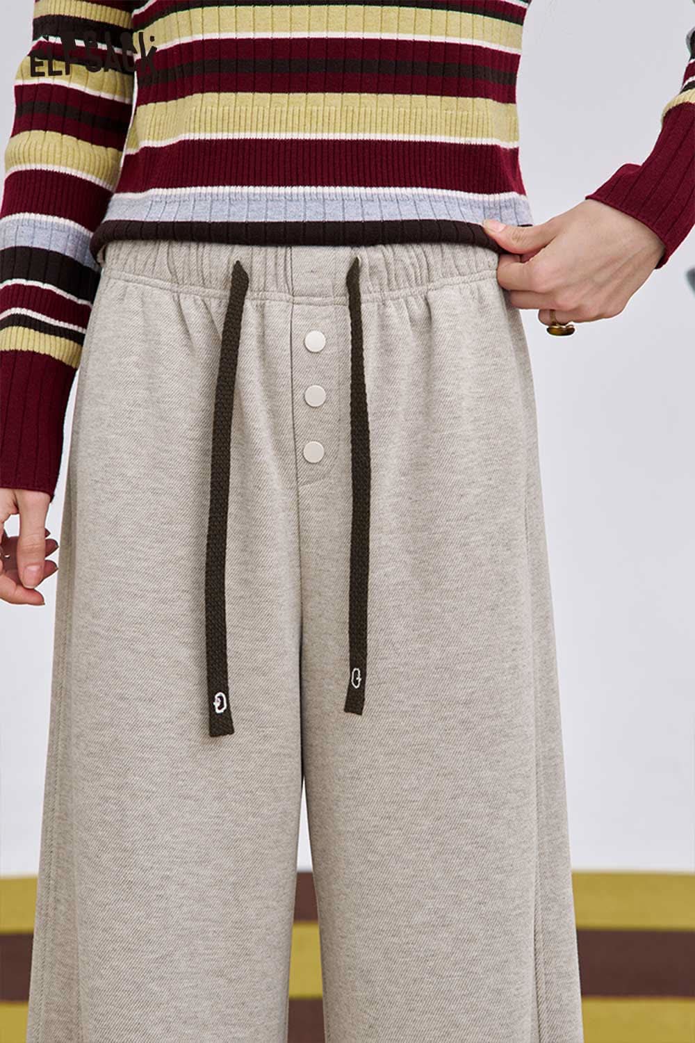 ELFSACK women's loose drawstring pants in light gray with adjustable waistband and button details