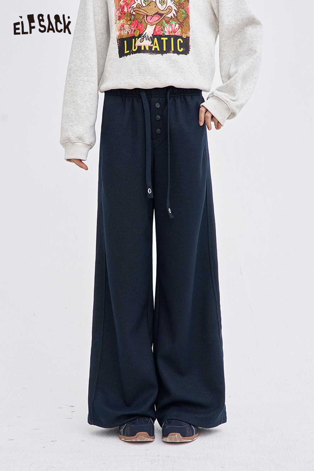 ELFSACK women's loose drawstring pants in navy blue with a comfortable wide-leg design