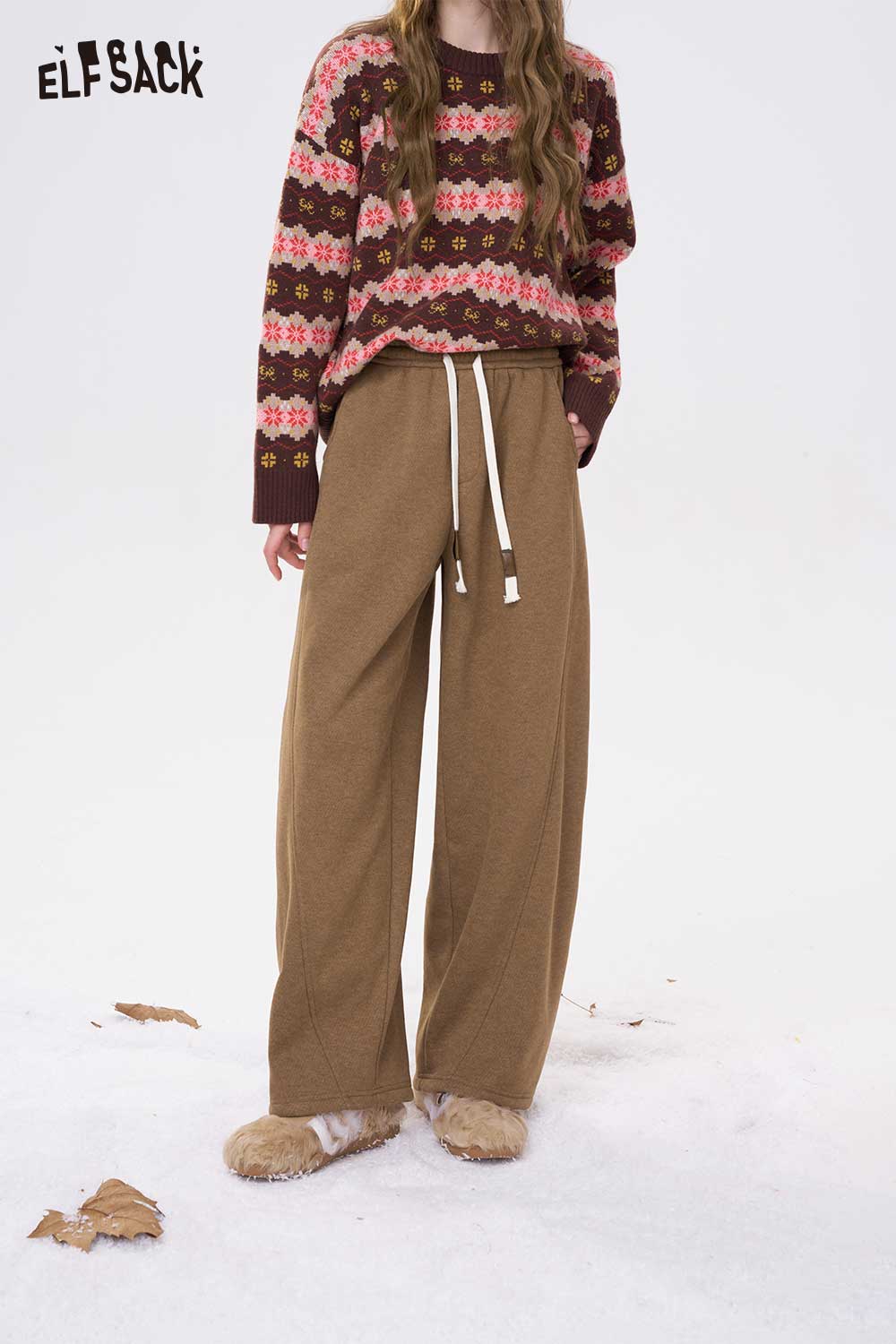 ELFSACK women's loose drawstring sweatpants in brown with a comfortable fit and casual style