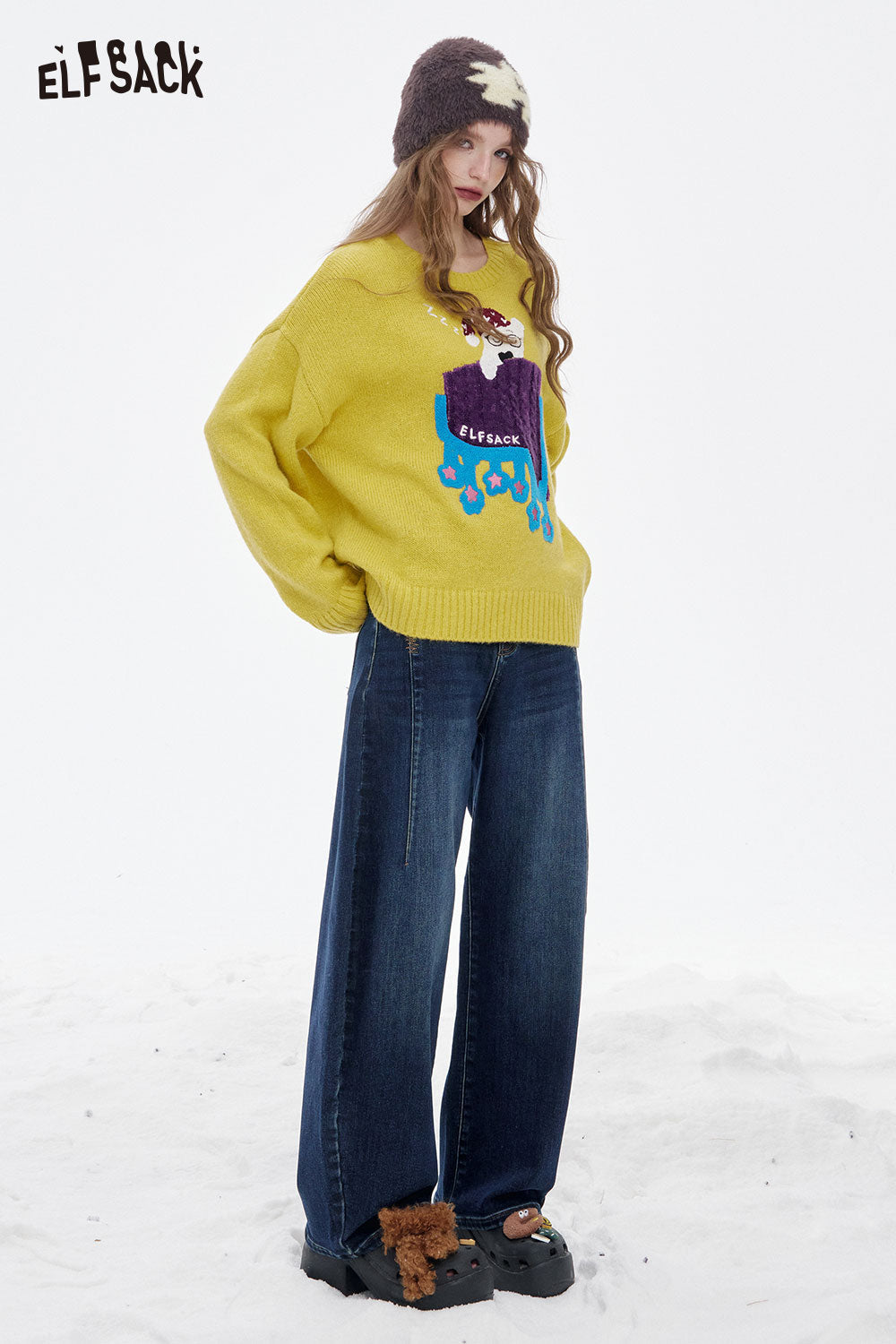 ELFSACK women's loose fit floor length jeans paired with a cozy yellow sweater for a stylish winter look