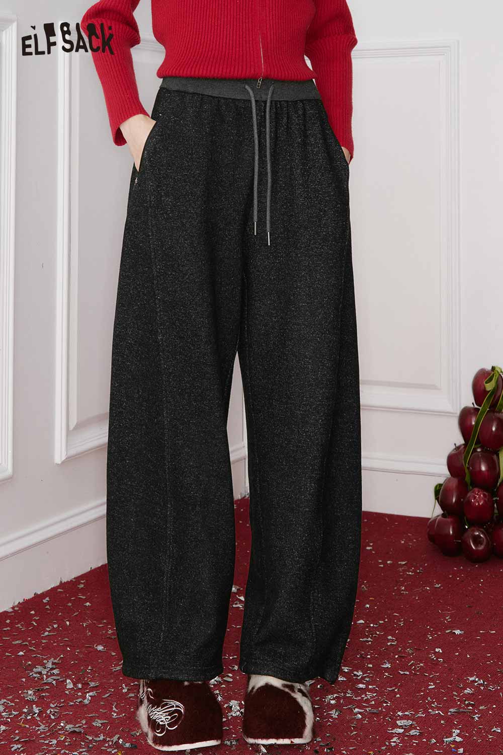 ELFSACK women's loose wide leg pants in dark gray with side pockets and a comfortable fit