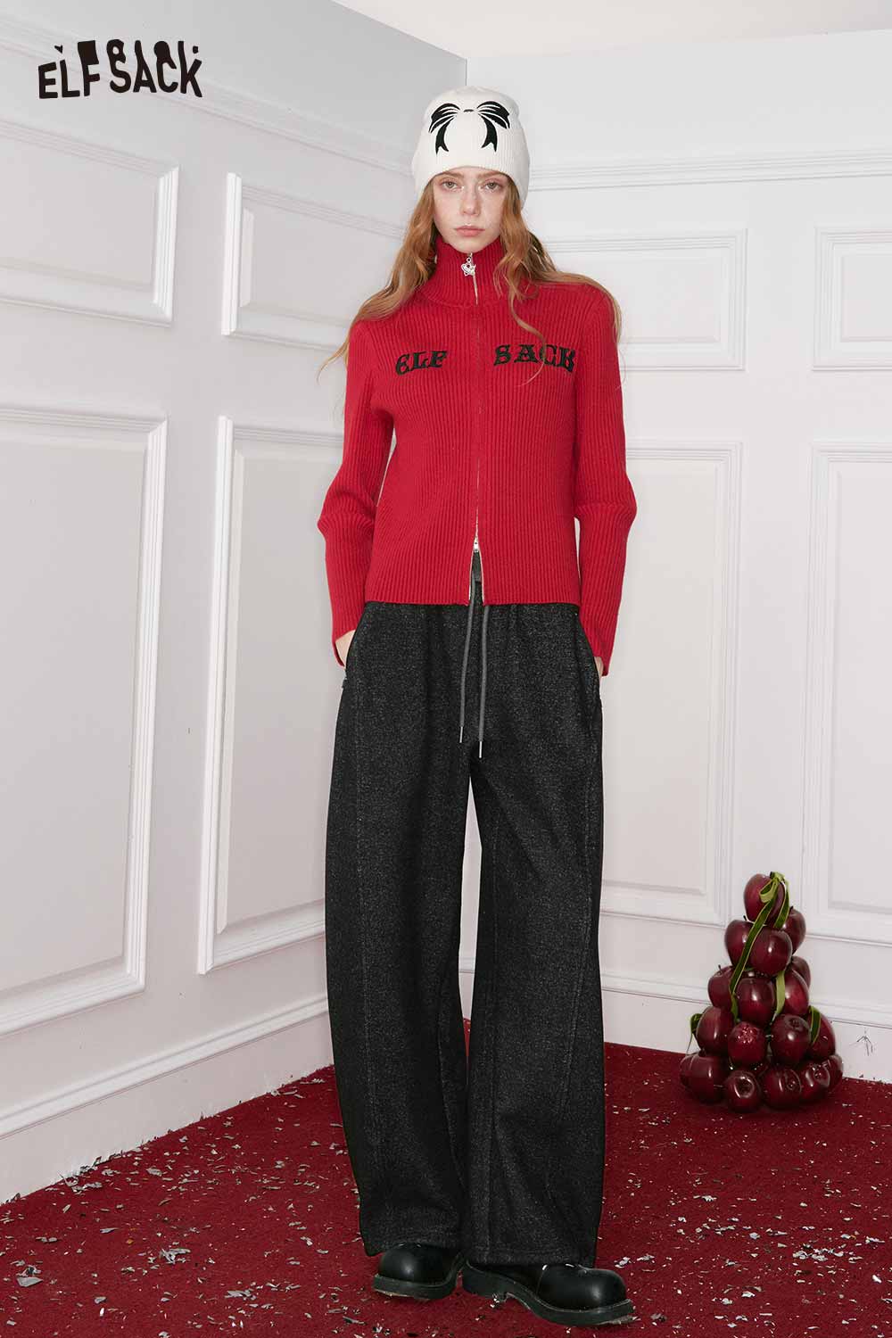 Fashionable women's loose wide leg pants paired with a stylish zip-up red sweater by ELFSACK