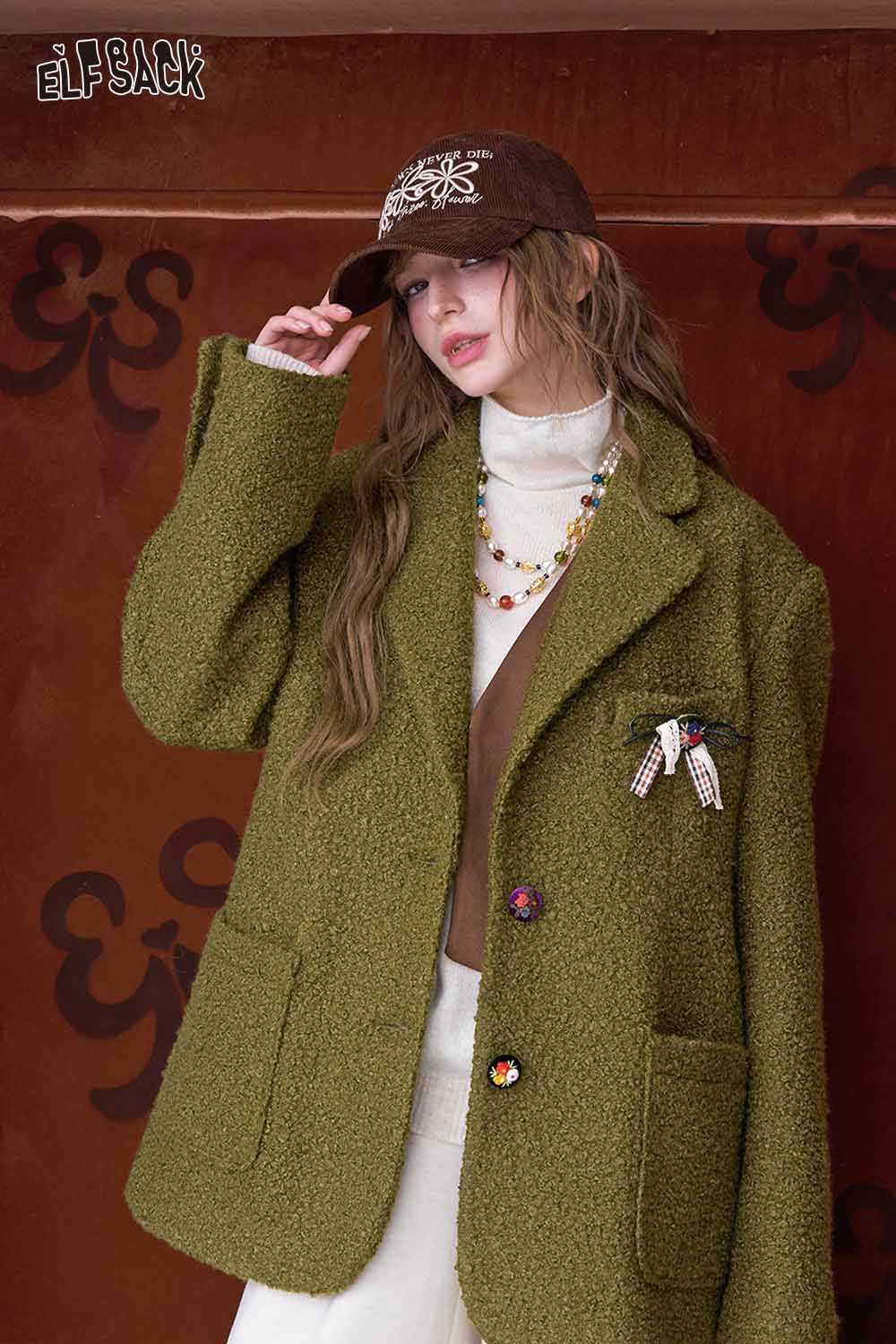 ELFSACK women's minimalist blazer in olive green with oversized pockets and a relaxed fit