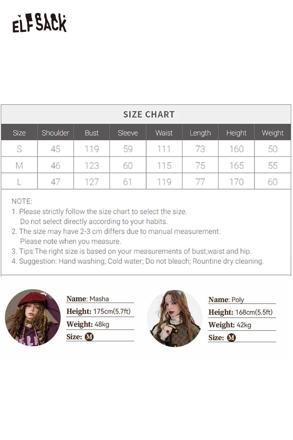 ELFSACK women's minimalist blazer size chart with detailed measurements for optimal fit