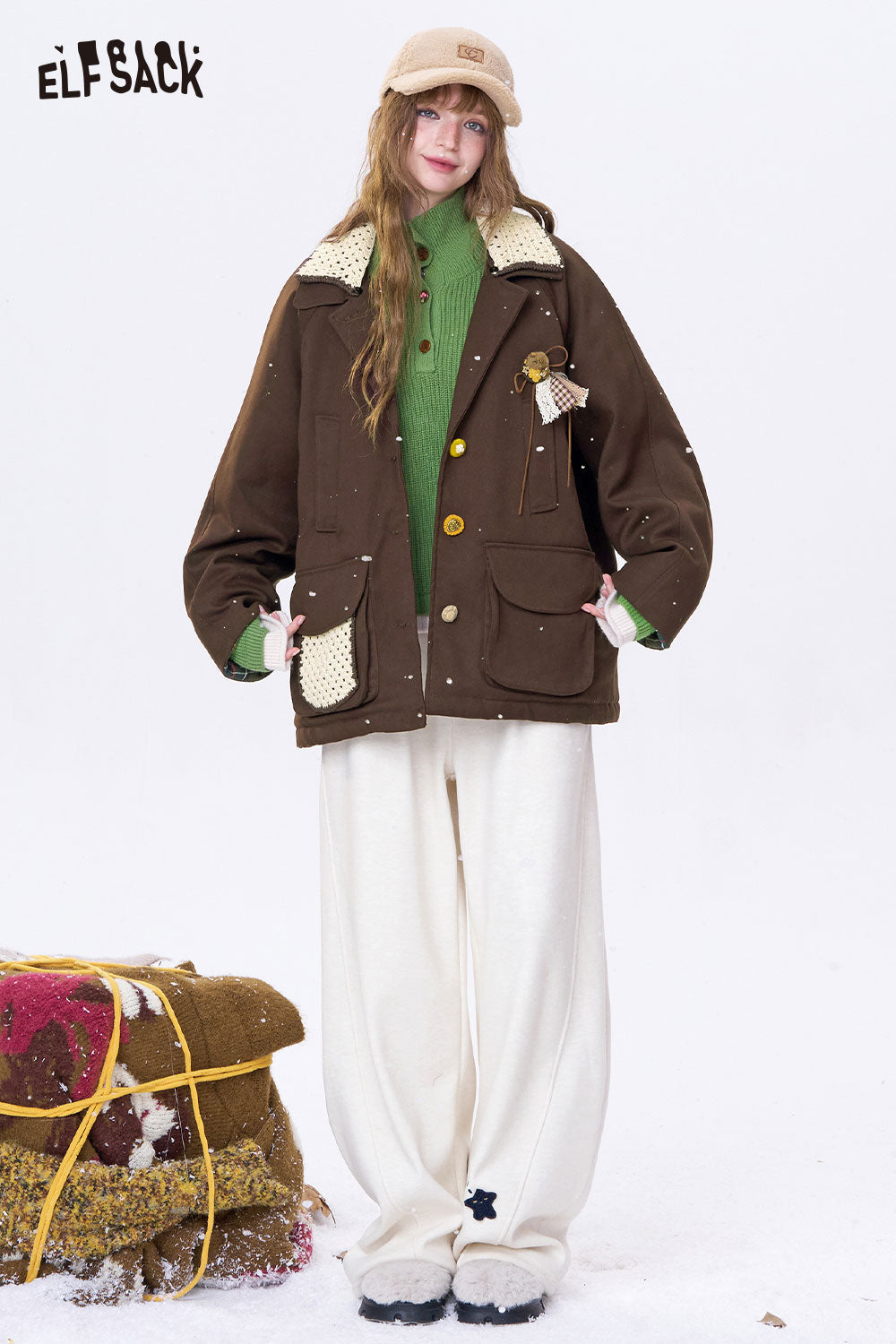 ELFSACK women's minimalist contrast lapel coat in brown with two front pockets and decorative buttons