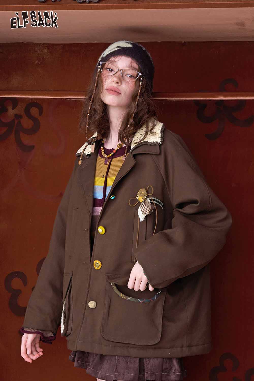 ELFSACK women's minimalist contrast lapel coat in brown with unique buttons and stylish pockets