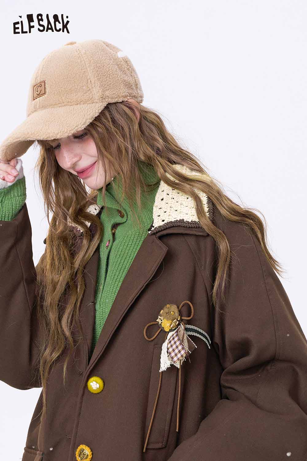 ELFSACK women's minimalist contrast lapel coat featuring a unique design and cozy fabric for stylish layering