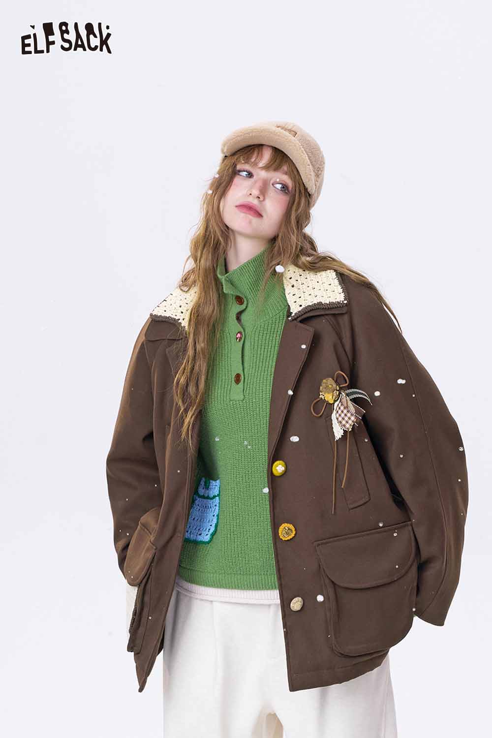ELFSACK women's minimalist contrast lapel coat in brown with unique button details and stylish pockets