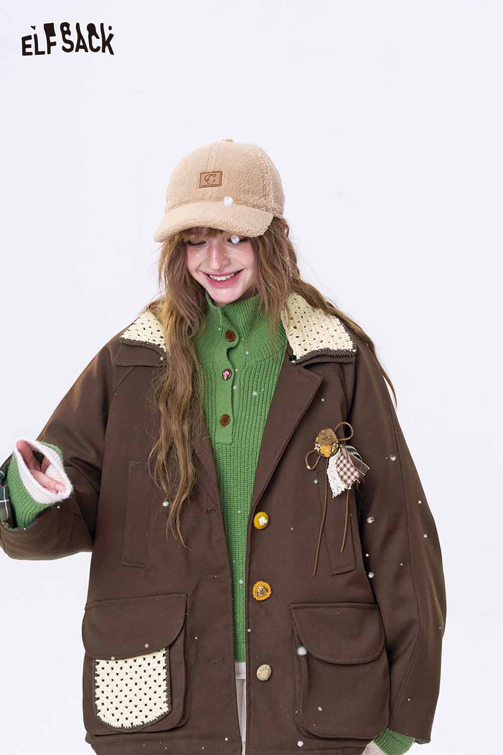 ELFSACK women's minimalist contrast lapel coat in brown with unique pockets and stylish collar design