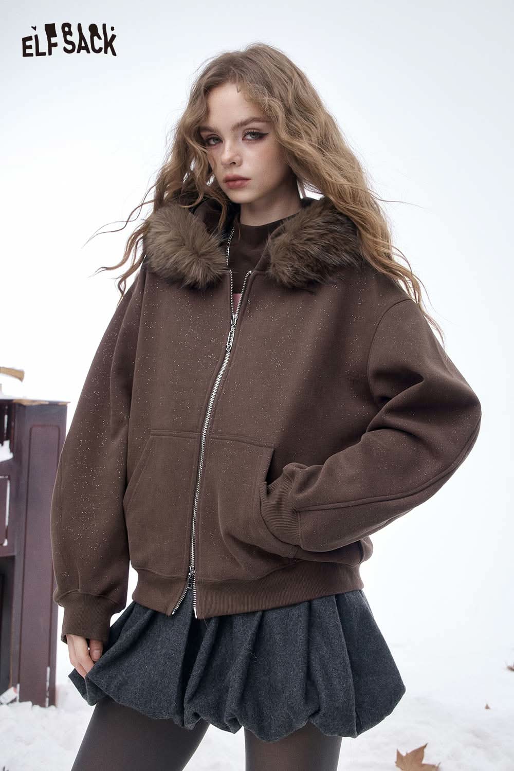 ELFSACK women's oversized plush zip sweatshirt with fur hood and relaxed fit, perfect for cozy looks