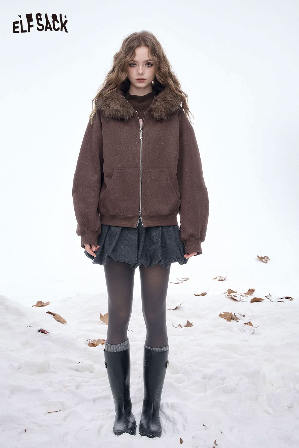 ELFSACK women's oversized plush zip sweatshirt with fur-lined hood in brown for cozy winter style