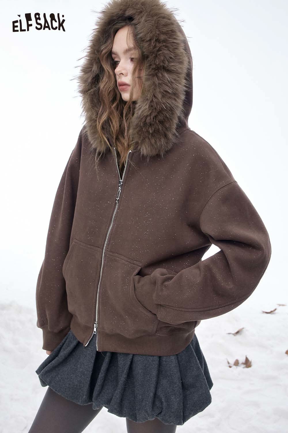 ELFSACK women's oversized plush zip sweatshirt with a furry hood, perfect for cold weather style.