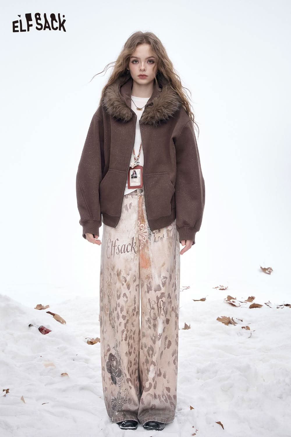 ELFSACK women's oversized plush zip sweatshirt with a stylish fur collar and relaxed fit