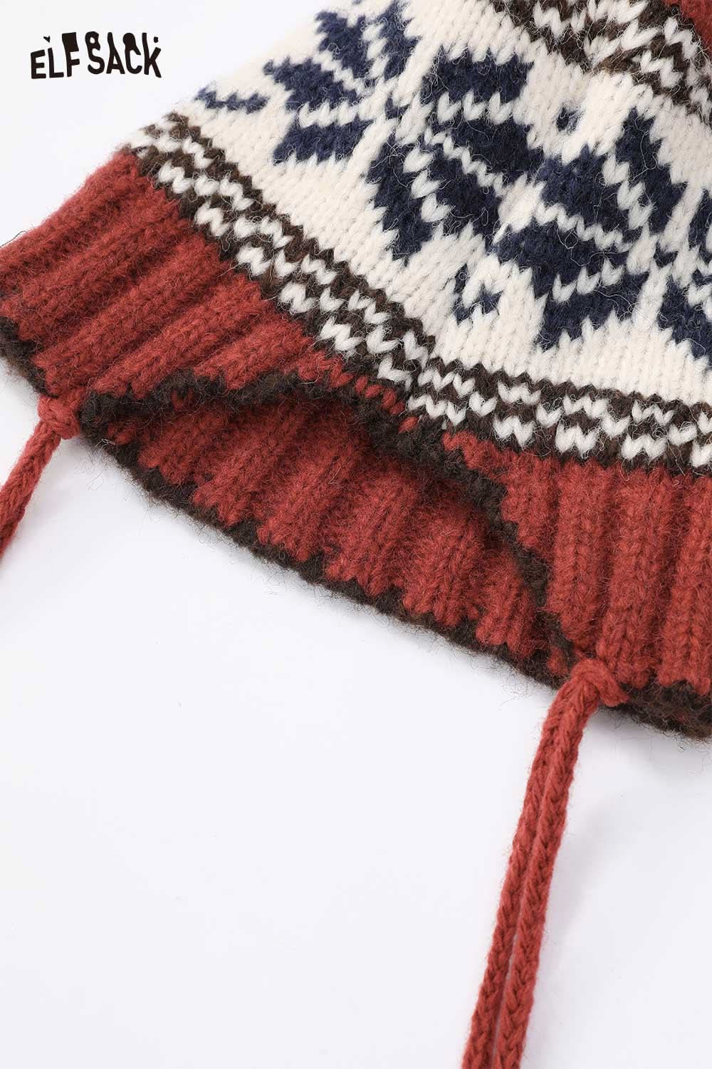 ELFSACK women's patchwork knit hat in red and cream with winter snowflake design and adjustable ties