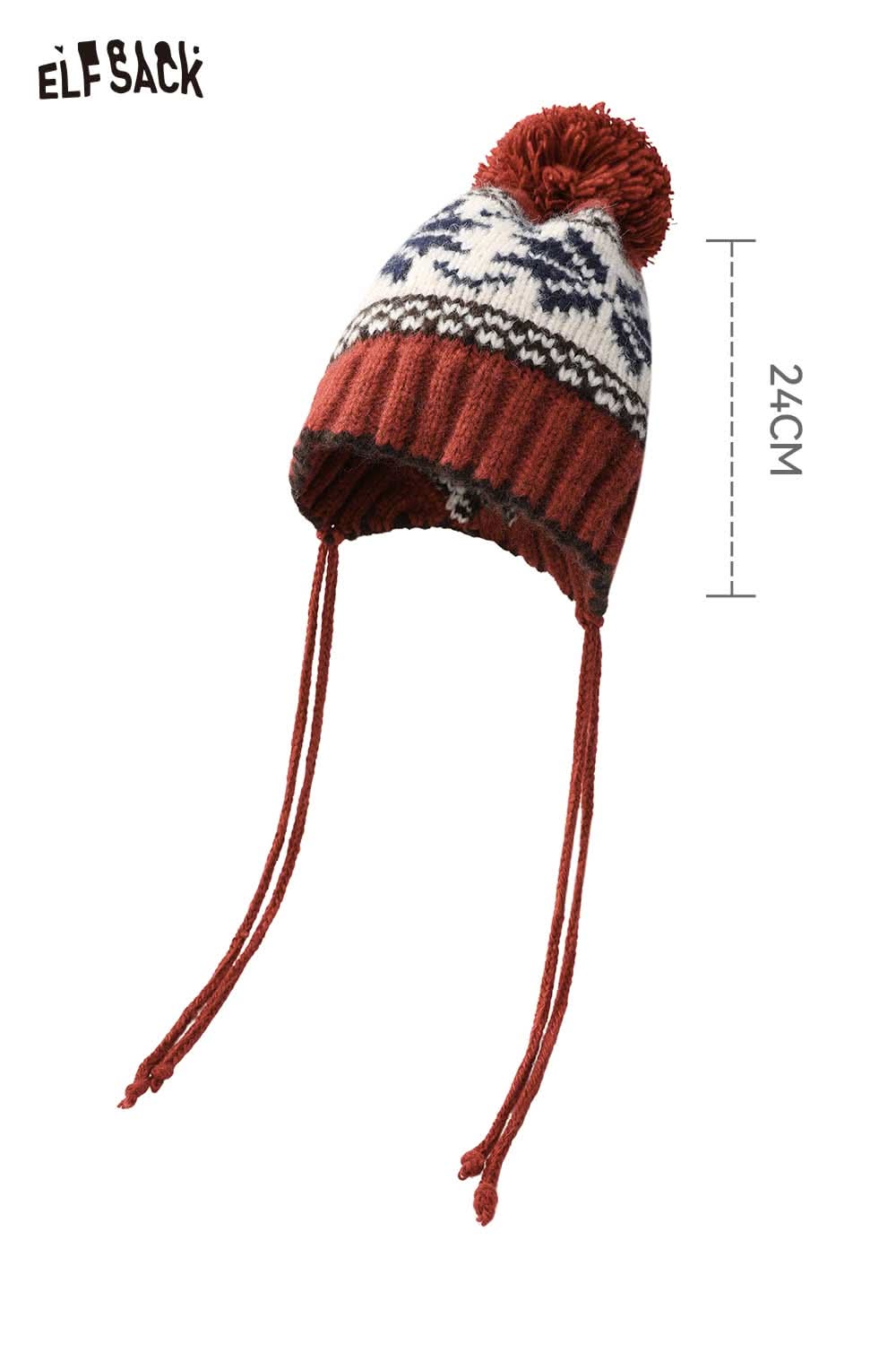 ELFSACK women's patchwork knit hat with pom pom and ear flaps for winter warmth