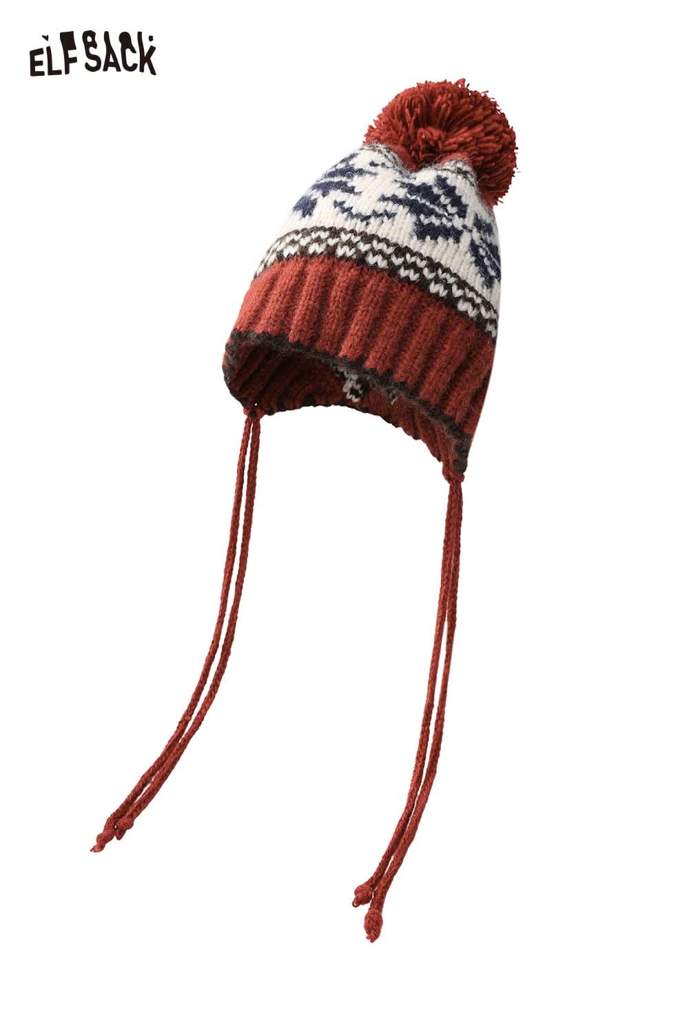 ELFSACK women's patchwork knit hat with a colorful geometric design and pom-pom for winter fashion