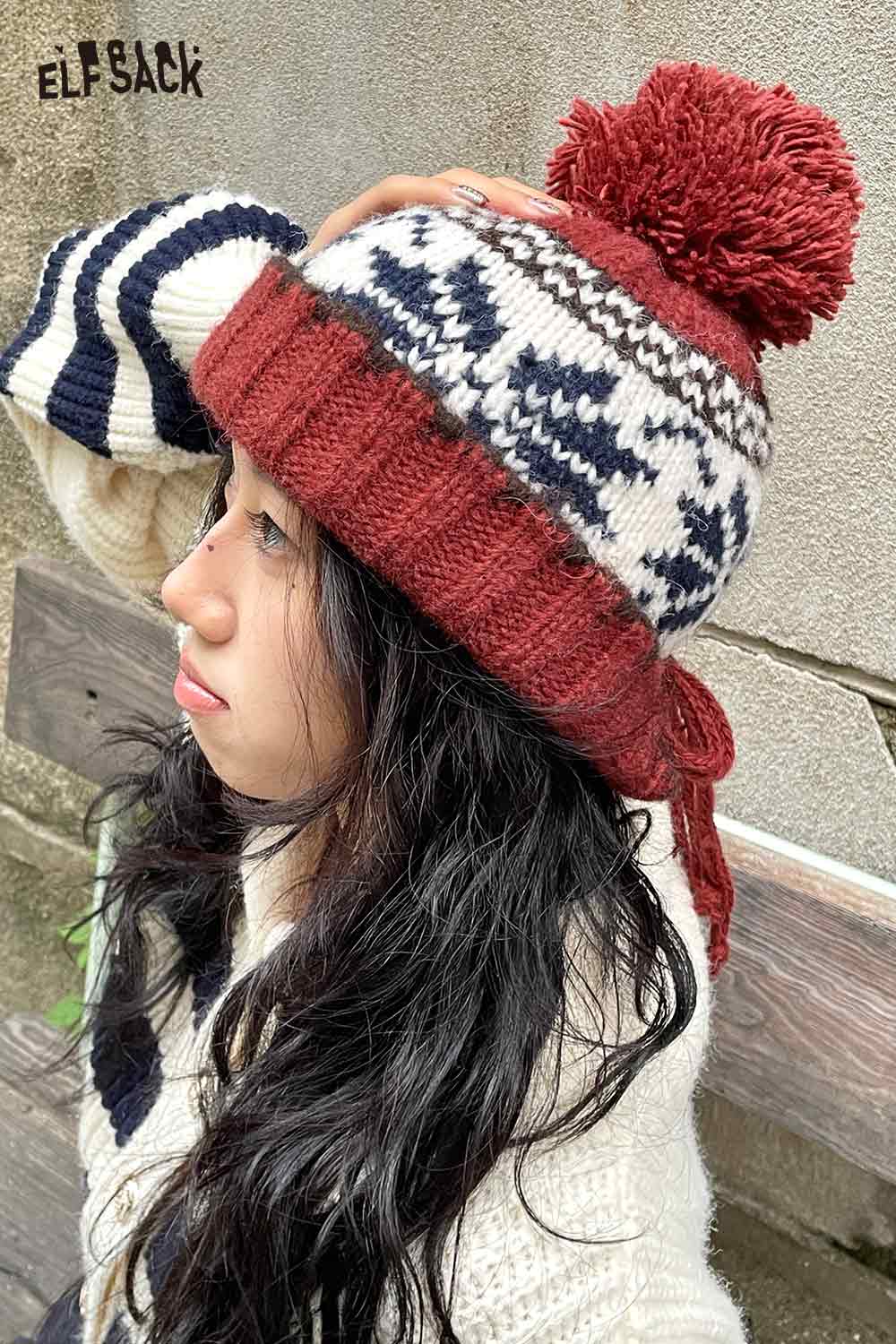 ELFSACK women's patchwork knit hat with pom pom and winter patterns for stylish warmth