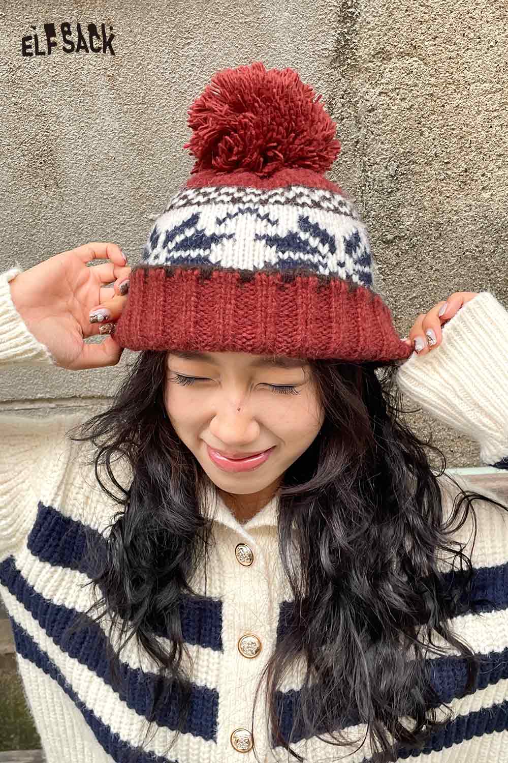 ELFSACK women's patchwork knit hat with pom pom for warm winter style and comfort