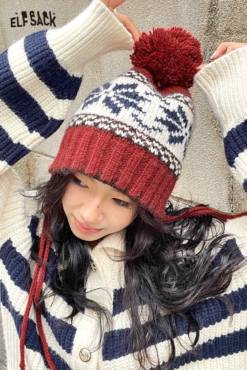 ELFSACK women's patchwork knit hat with a pom pom and winter design for a cozy look.