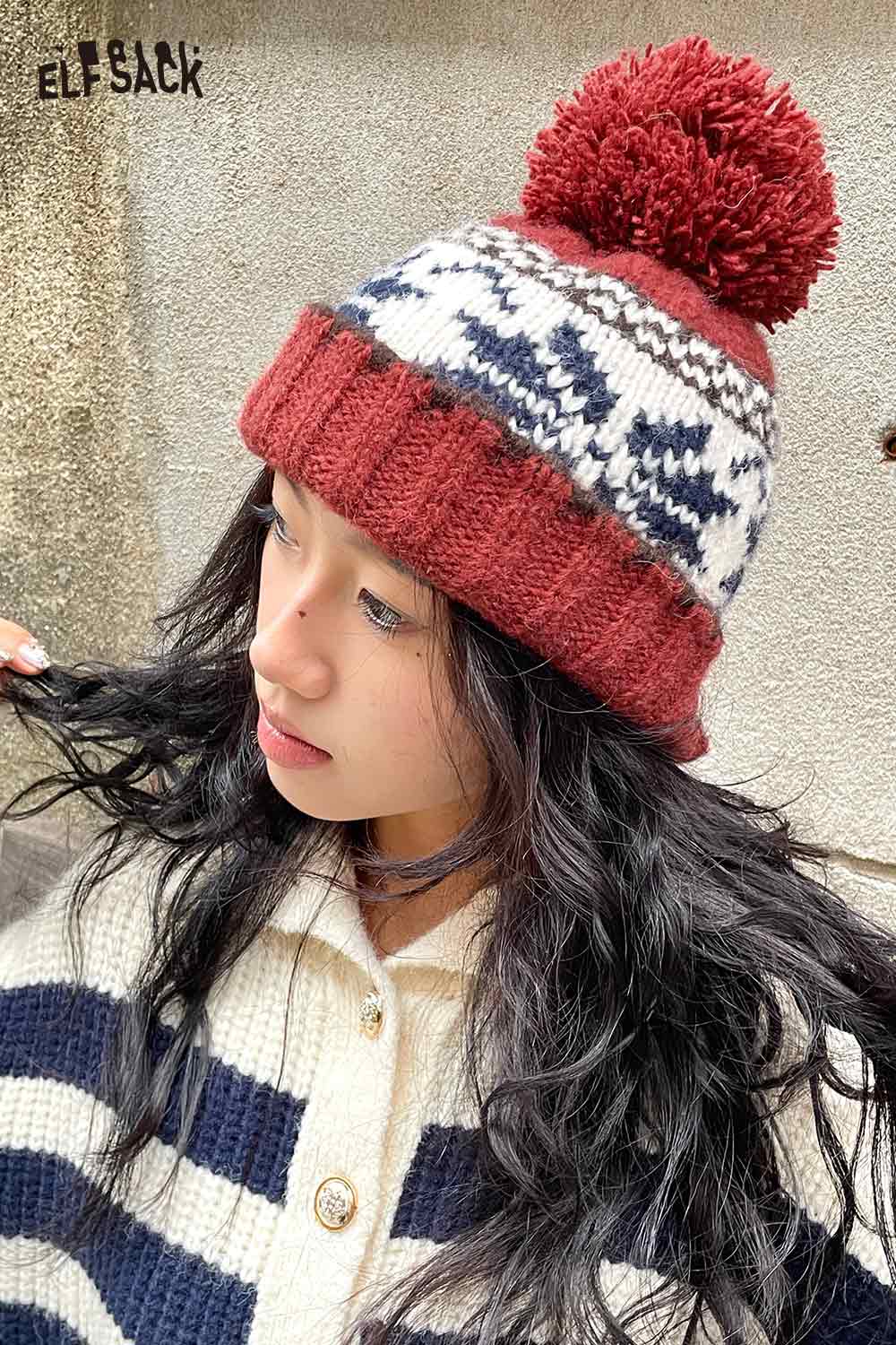 ELFSACK women's patchwork knit hat in red and blue with a playful pom pom on top