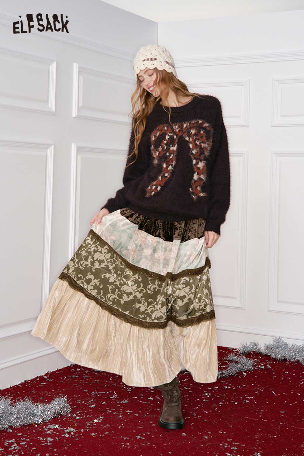 ELFSACK women's patchwork long dress with layered fabric design and earthy colors for a trendy look