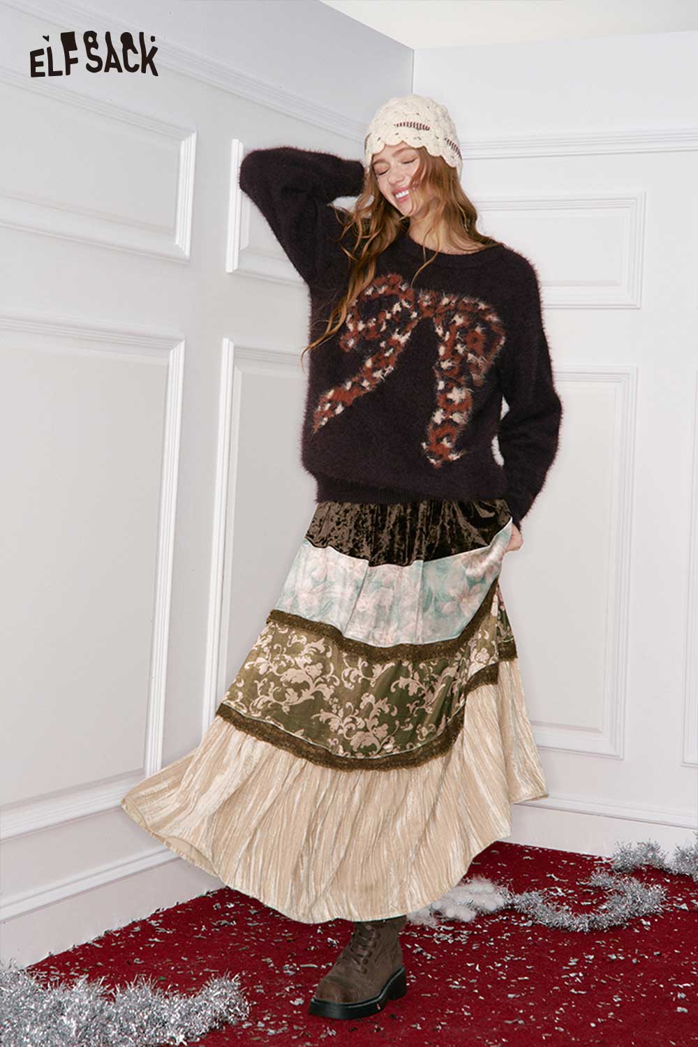 ELFSACK women's patchwork long dress features a flowing design with layered patterns for a stylish look.