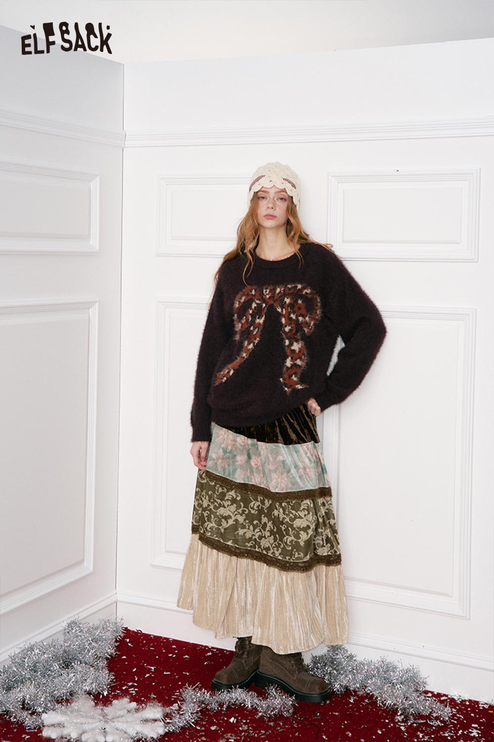 ELFSACK women's patchwork long dress with layered fabric and floral designs for a bohemian look