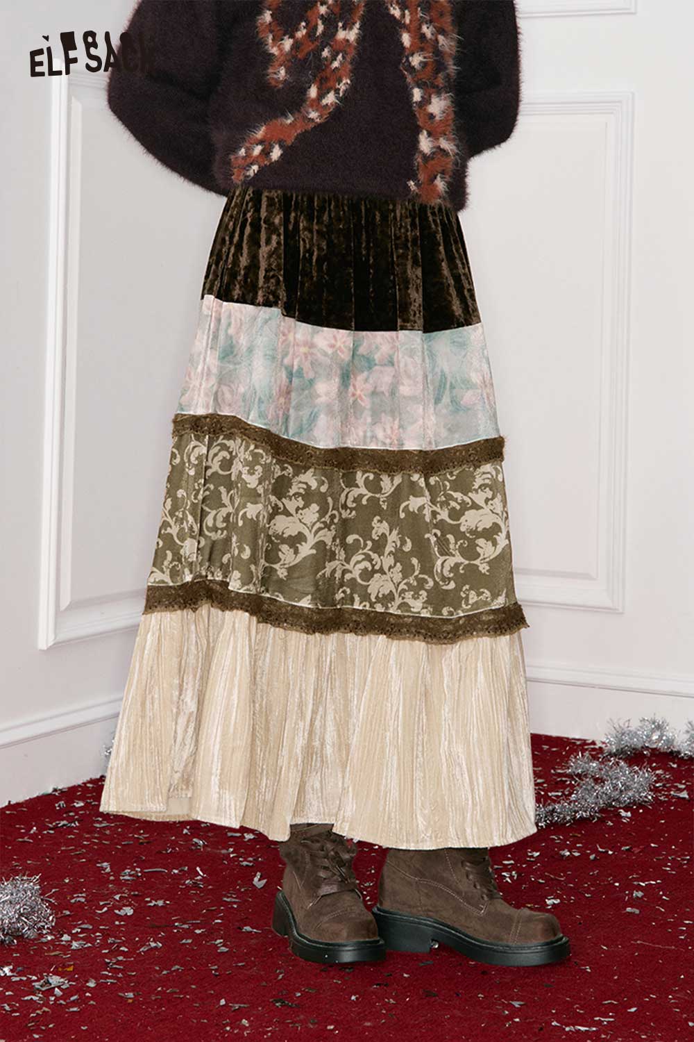 ELFSACK women's patchwork long dress featuring layers in velvet and floral patterns