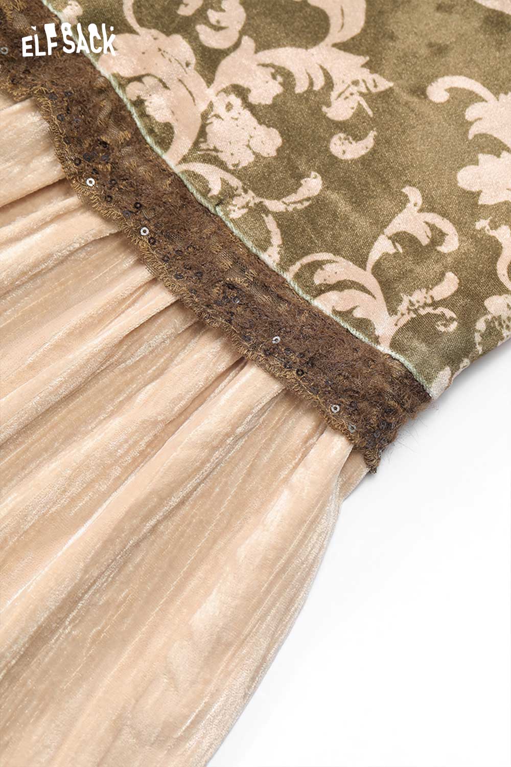 ELFSACK women's patchwork long dress with floral design and layered fabric detail