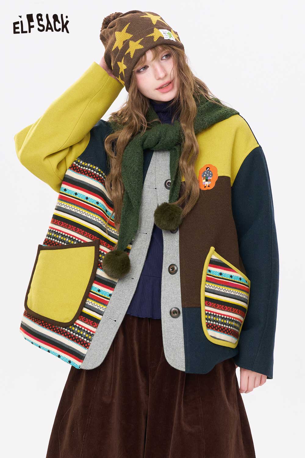 ELFSACK women's patchwork stripe coat with colorful patterns and pockets for a stylish look