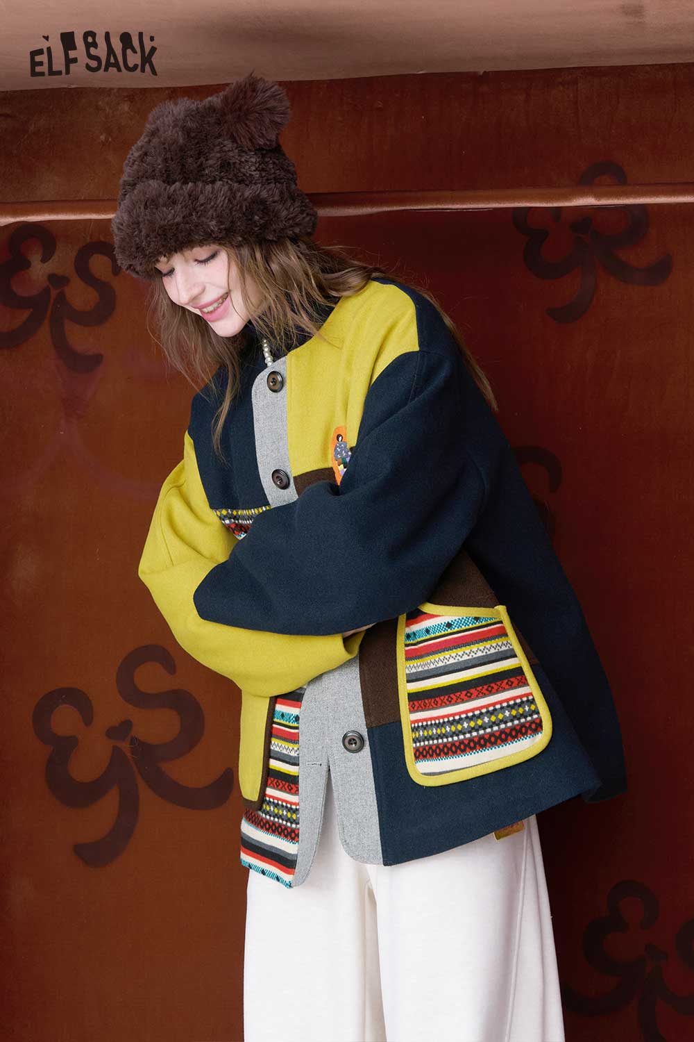 ELFSACK women's patchwork stripe coat in vibrant colors with unique pocket design for stylish layering