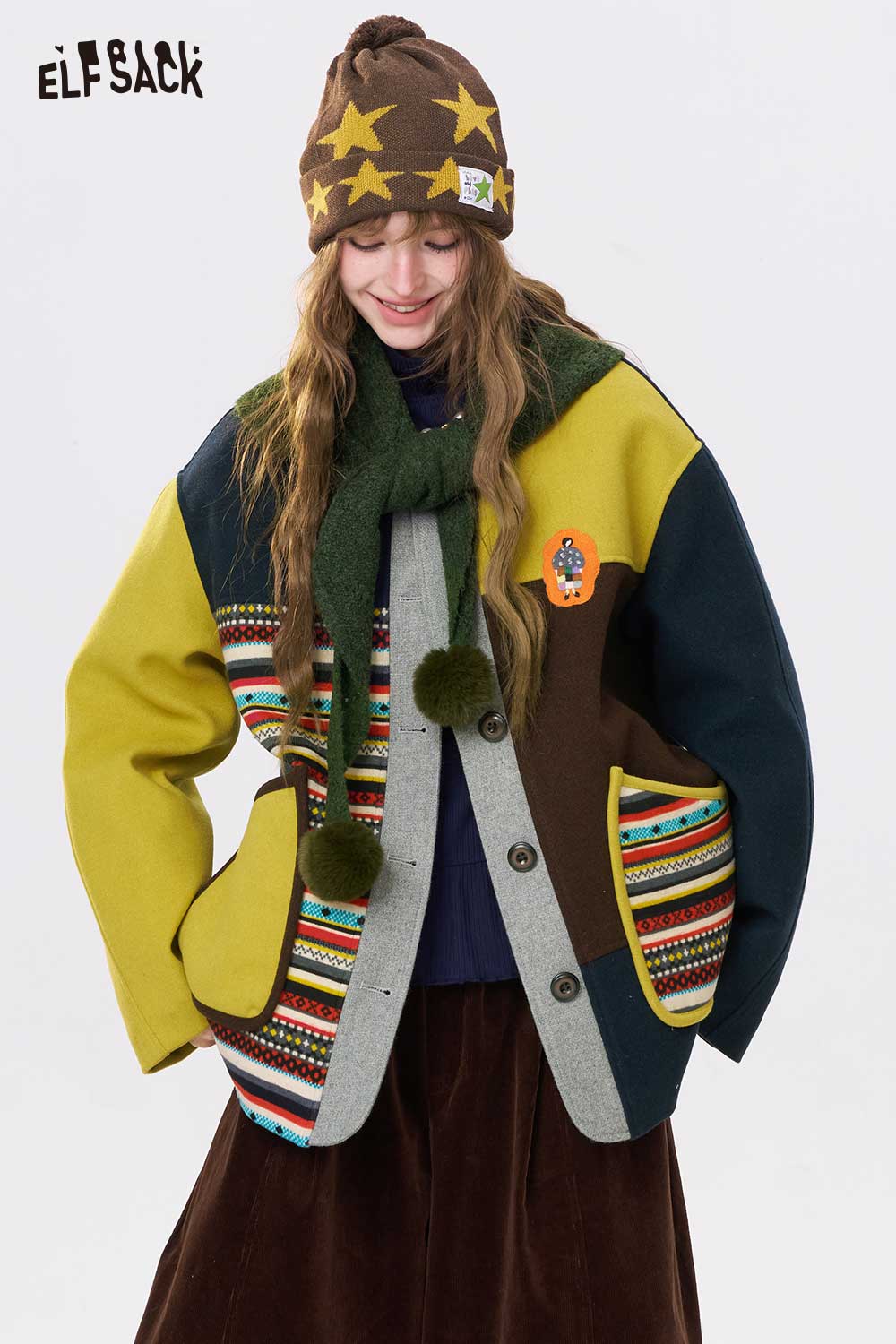 ELFSACK women's patchwork stripe coat featuring vibrant colors and unique patterns for a stylish look.