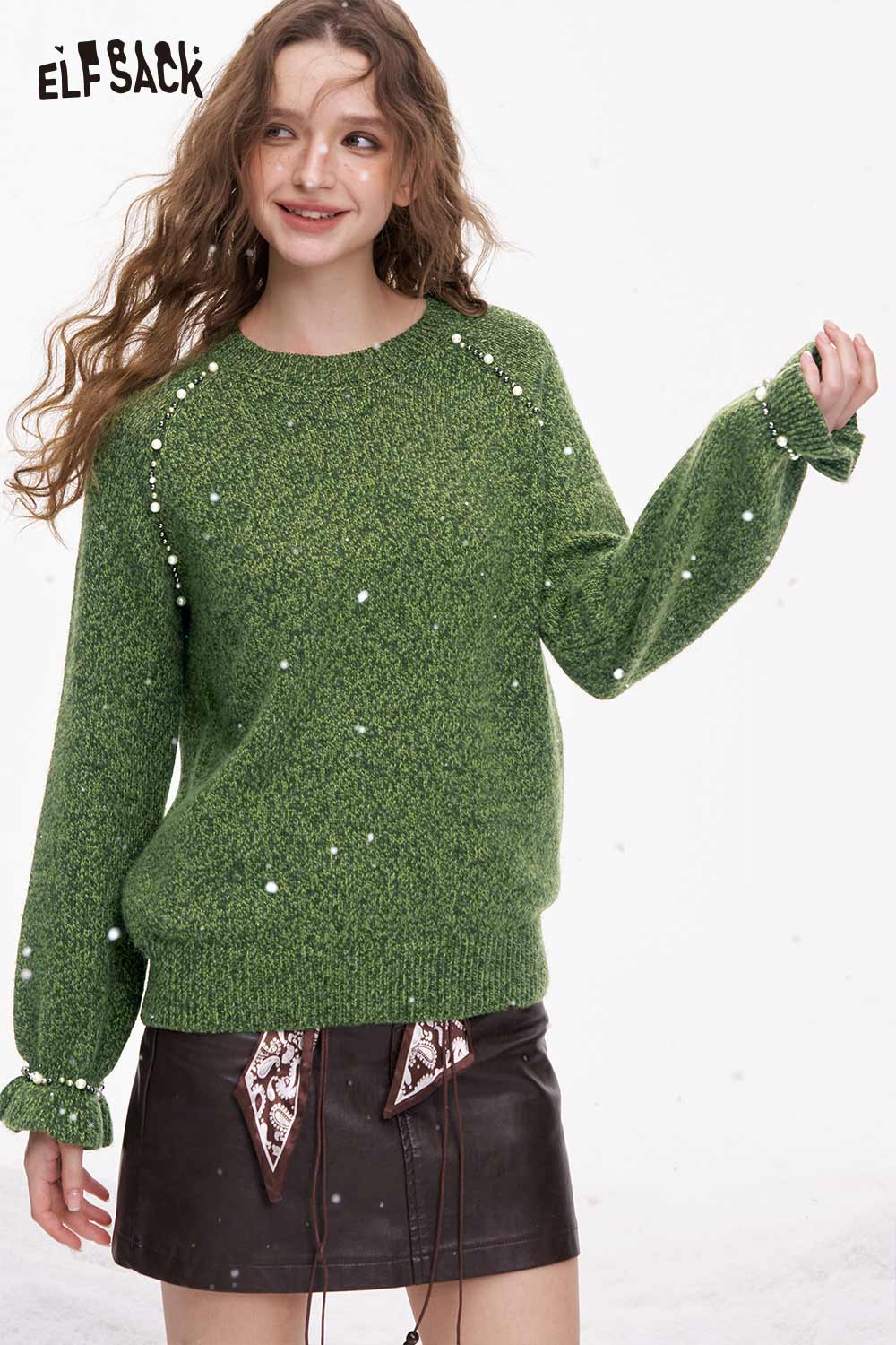 ELFSACK women's pearl embellished sweater in green with ruffled sleeves and stylish design