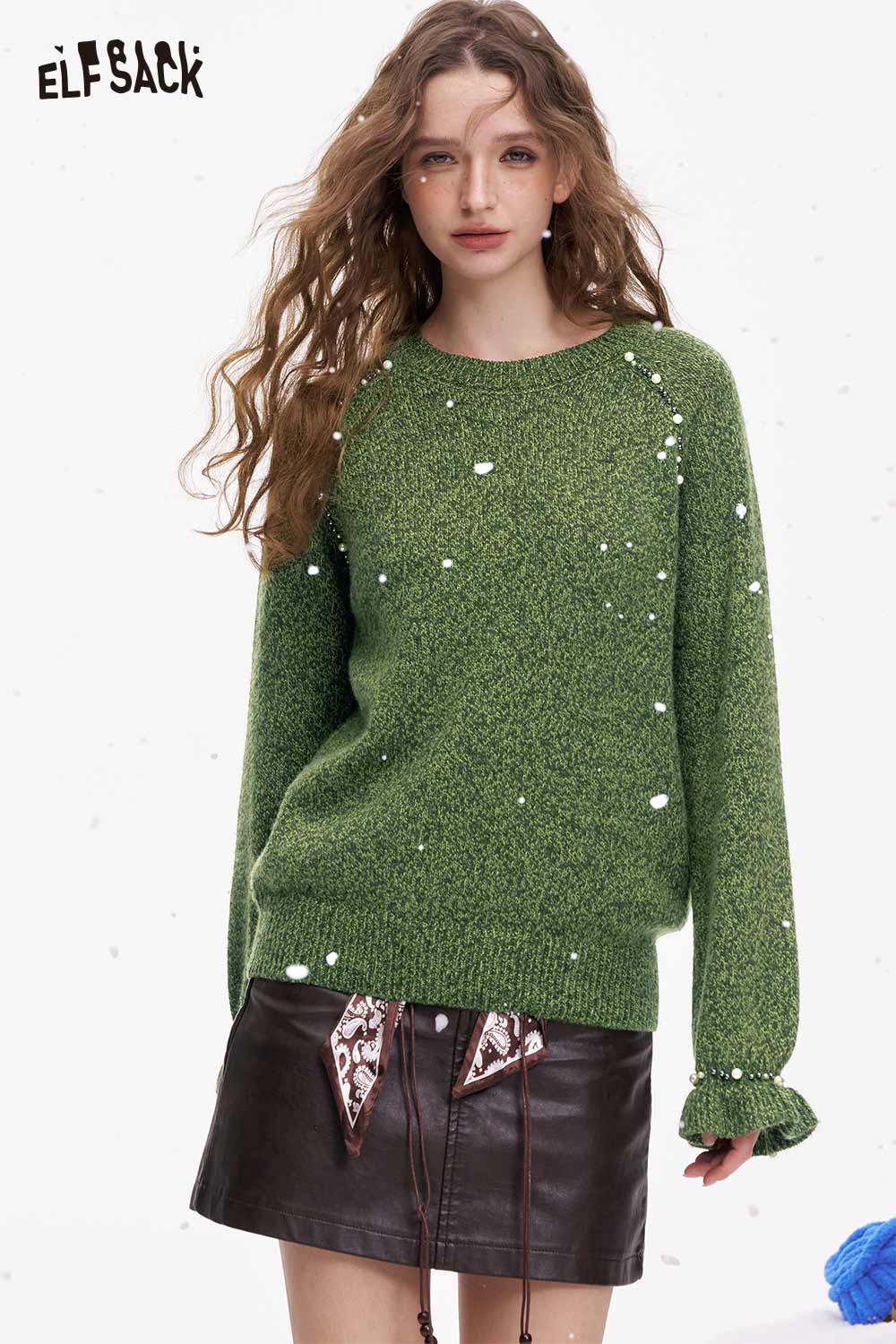 ELFSACK women's pearl embellished sweater in green with textured knit design and comfortable fit