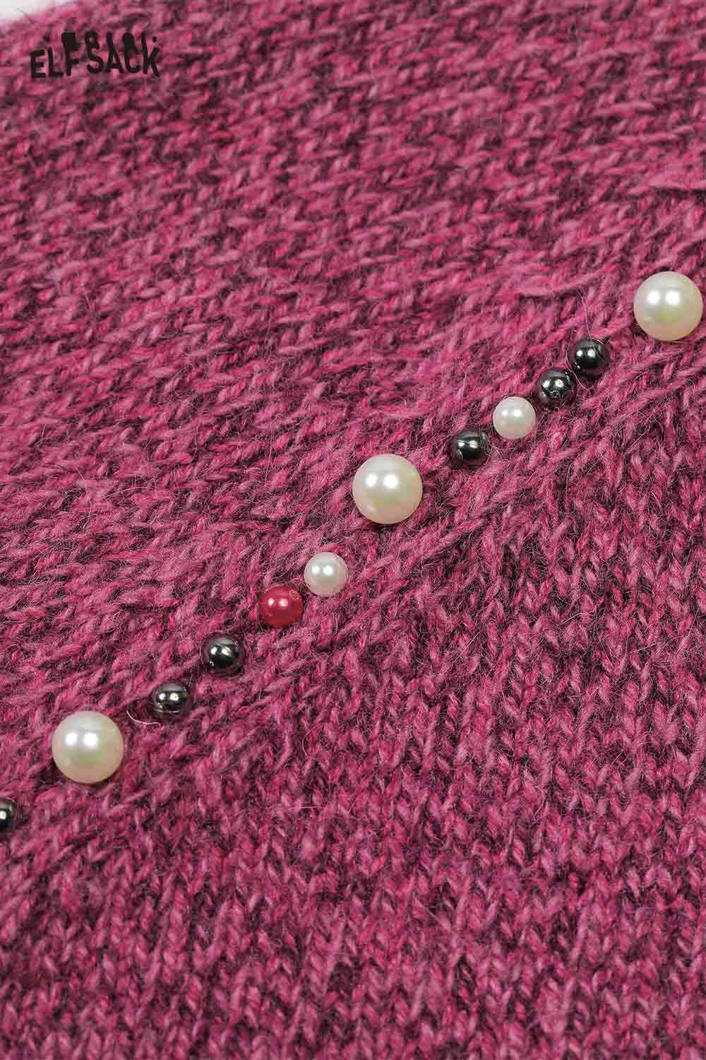 Close-up of ELFSACK women's pearl embellished sweater in pink with decorative pearl accents