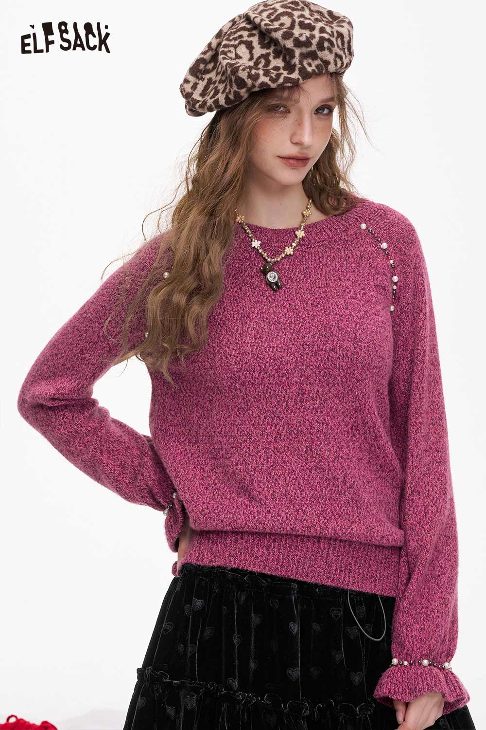 ELFSACK women's pearl embellished sweater in pink with stylish long sleeves and textured design