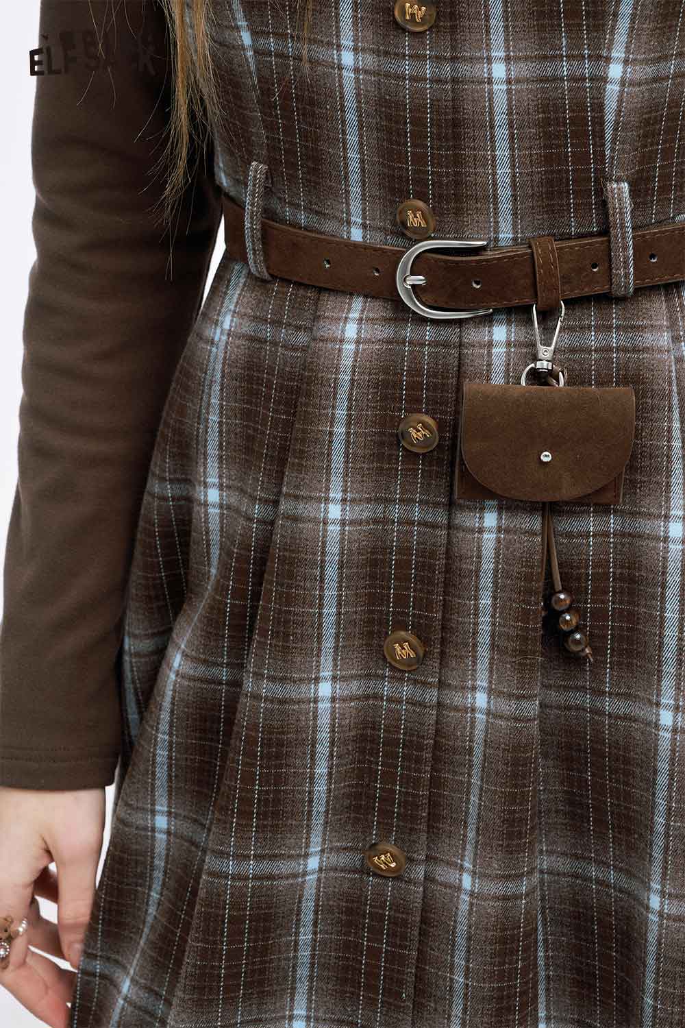 ELFSACK women's plaid button long dress set with a belt and buttons for a stylish look
