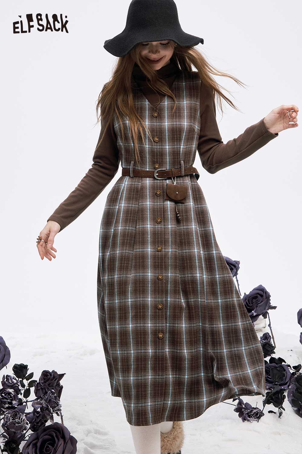 ELFSACK women's plaid button long dress set featuring a stylish belt and elegant design for a fashionable look
