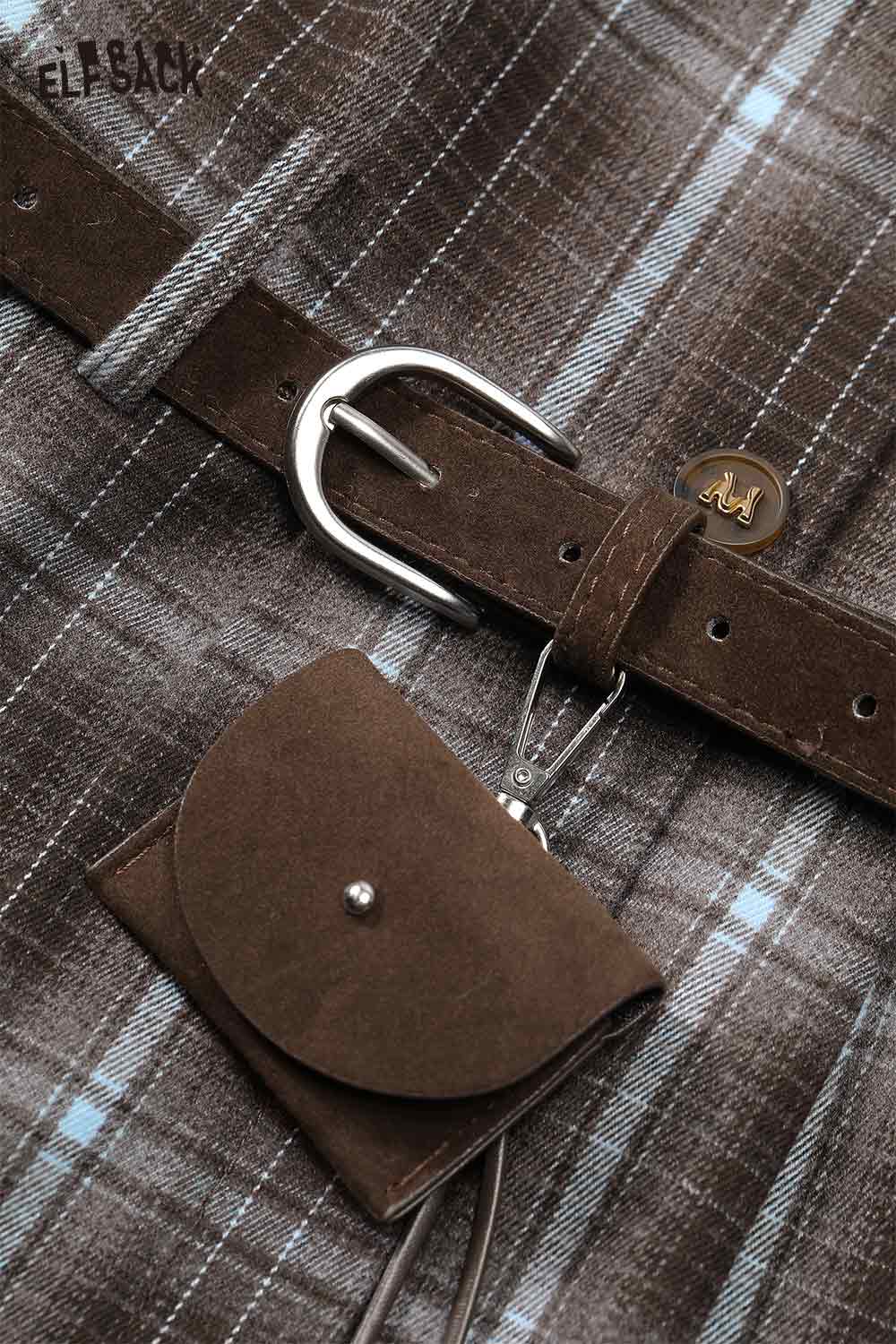 Close-up of ELFSACK women's plaid button long dress set featuring a stylish belt and accessory pouch