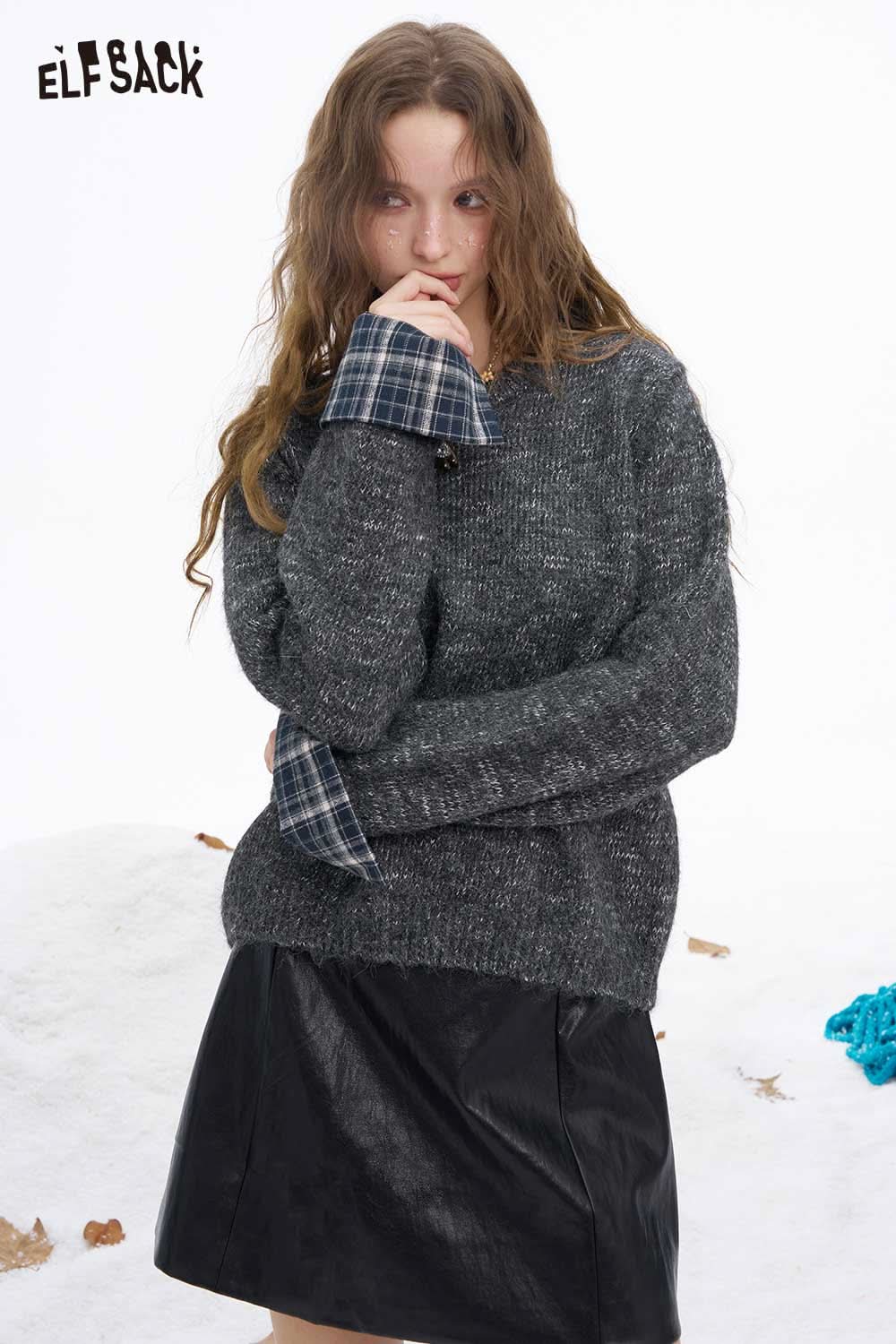 ELFSACK women's plaid cuff sweater in dark gray with stylish plaid sleeves for a trendy look