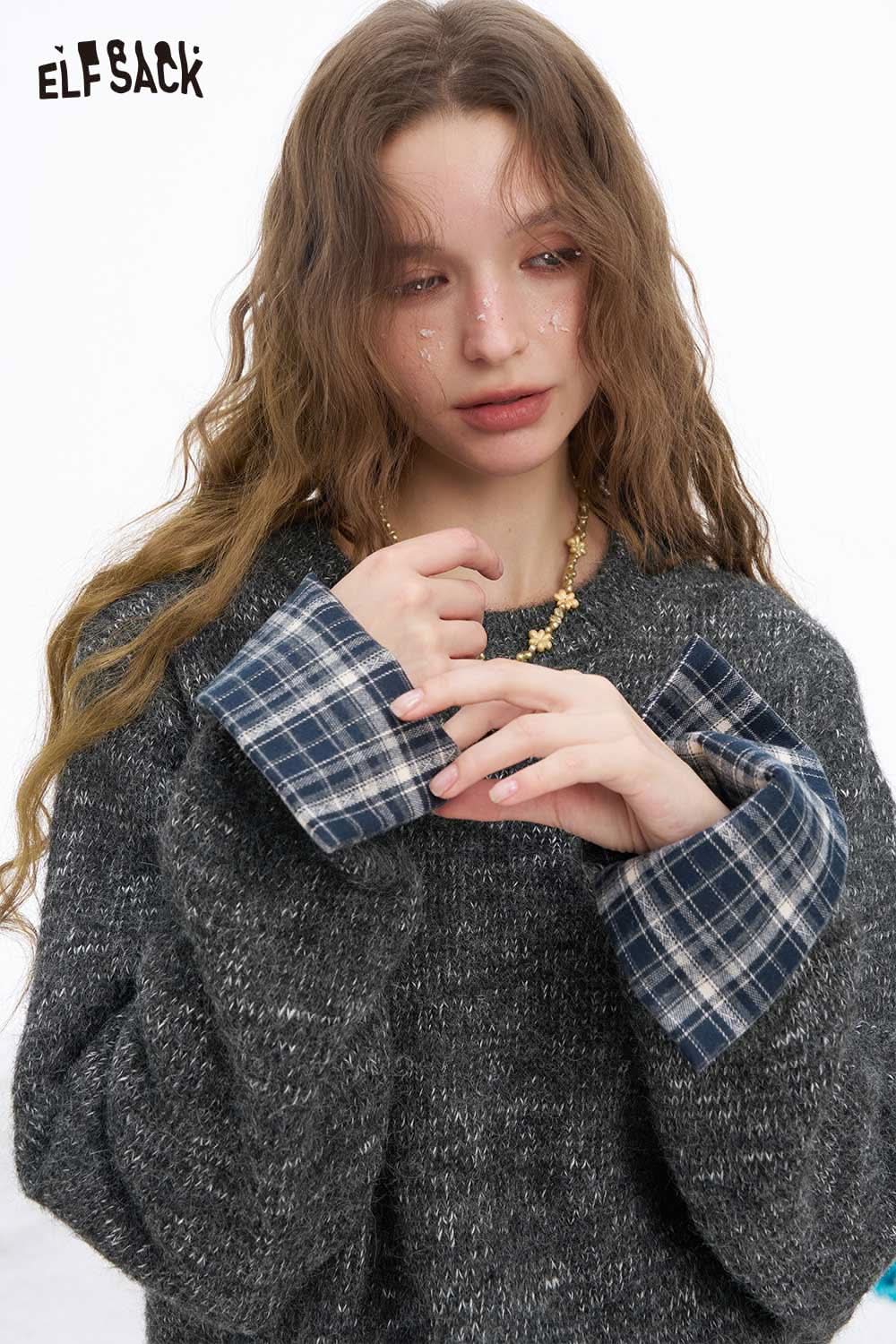 Cozy ELFSACK women's plaid cuff sweater featuring stylish blue plaid cuffs and soft fabric